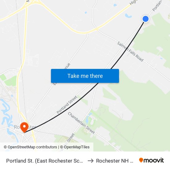 Portland St. (East Rochester School) to Rochester NH USA map