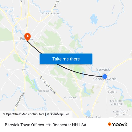 Berwick Town Offices to Rochester NH USA map