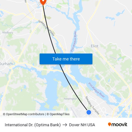 International Dr. (Optima Bank) to Dover NH USA map