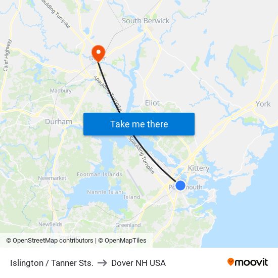 Islington / Tanner Sts. to Dover NH USA map