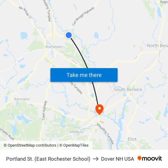 Portland St. (East Rochester School) to Dover NH USA map