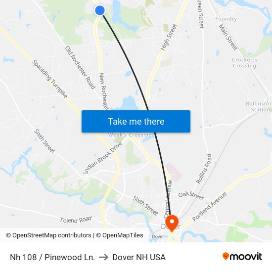 Nh 108 / Pinewood Ln. to Dover NH USA map