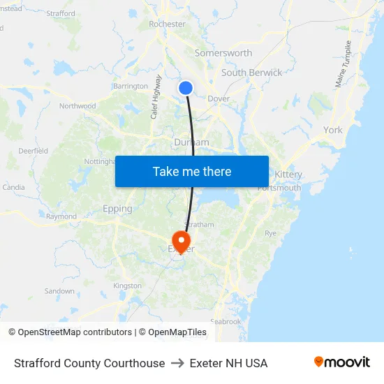 Strafford County Courthouse to Exeter NH USA map
