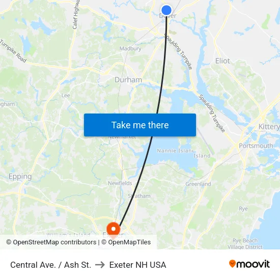 Central Ave. / Ash St. to Exeter NH USA map