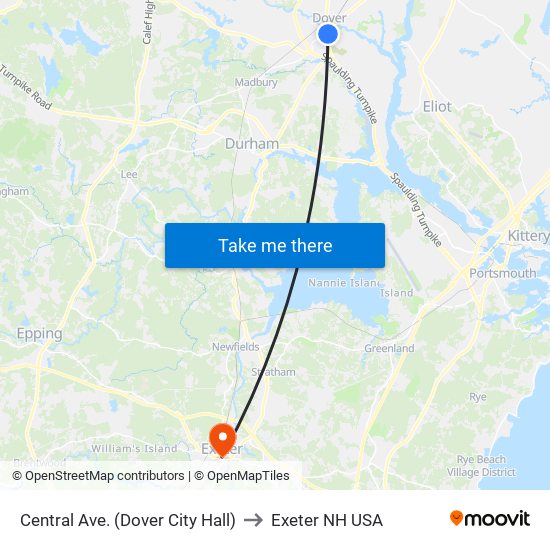 Central Ave. (Dover City Hall) to Exeter NH USA map