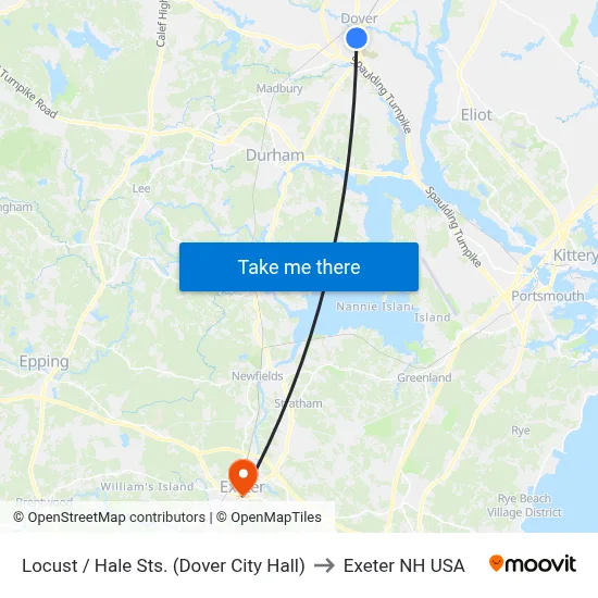 Locust / Hale Sts. (Dover City Hall) to Exeter NH USA map