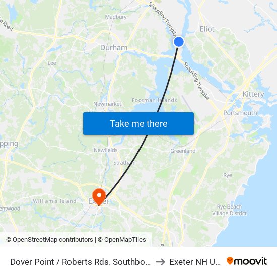 Dover Point / Roberts Rds. Southbound to Exeter NH USA map