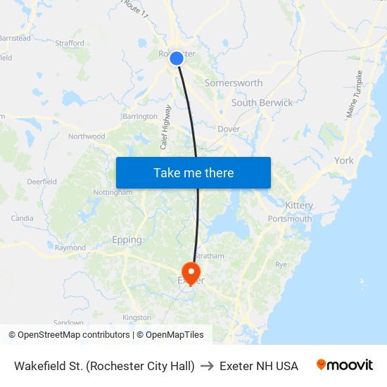 Wakefield St. (Rochester City Hall) to Exeter NH USA map