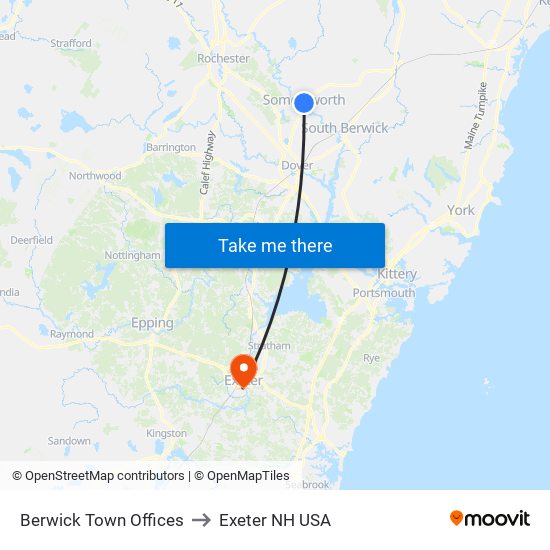 Berwick Town Offices to Exeter NH USA map