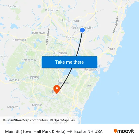 Main St (Town Hall Park & Ride) to Exeter NH USA map