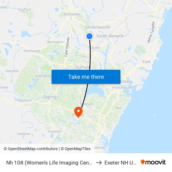 Nh 108 (Women's Life Imaging Center) to Exeter NH USA map