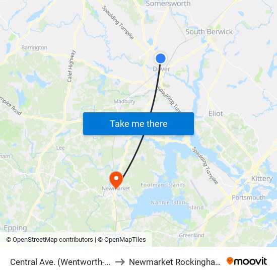 Central Ave. (Wentworth-Douglass Hospital) to Newmarket Rockingham County NH USA map