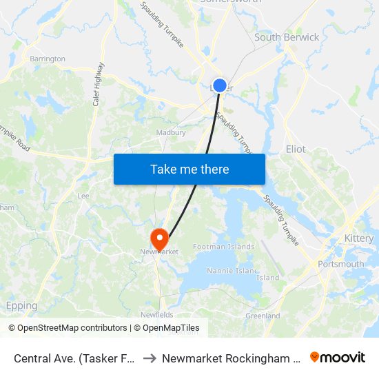 Central Ave. (Tasker Funeral Home) to Newmarket Rockingham County NH USA map