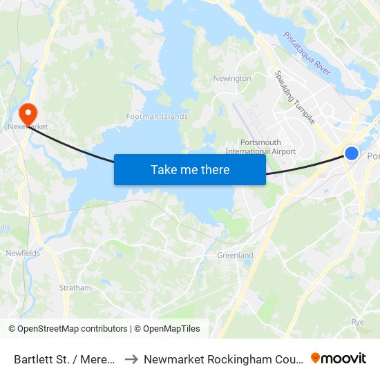 Bartlett St. / Meredith Way to Newmarket Rockingham County NH USA map