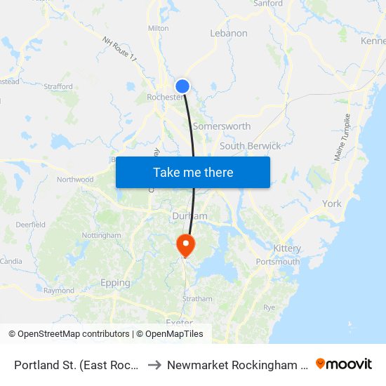 Portland St. (East Rochester School) to Newmarket Rockingham County NH USA map