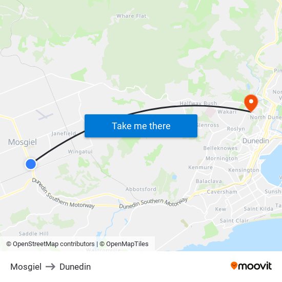 Mosgiel to Dunedin map