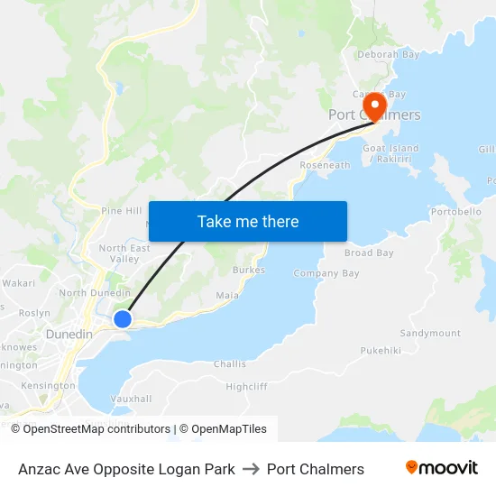 Anzac Ave Opposite Logan Park to Port Chalmers map