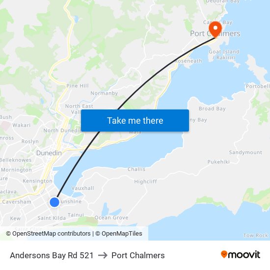 Andersons Bay Rd 521 to Port Chalmers map