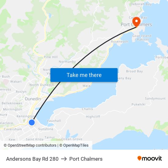 Andersons Bay Rd 280 to Port Chalmers map