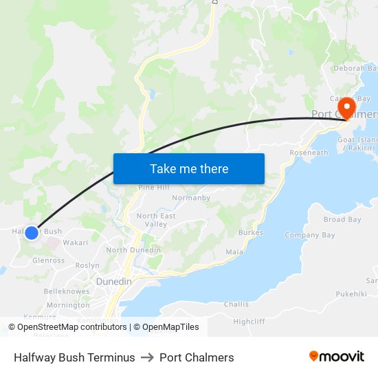 Halfway Bush Terminus to Port Chalmers map