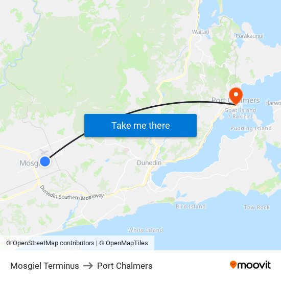 Mosgiel Terminus to Port Chalmers map