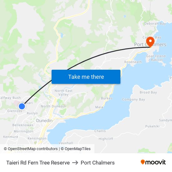 Taieri Rd Fern Tree Reserve to Port Chalmers map