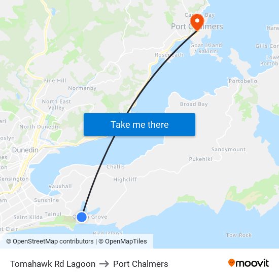 Tomahawk Rd Lagoon to Port Chalmers map