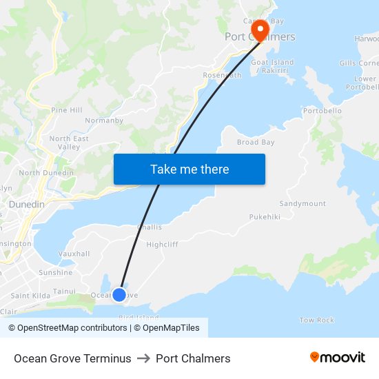 Ocean Grove Terminus to Port Chalmers map