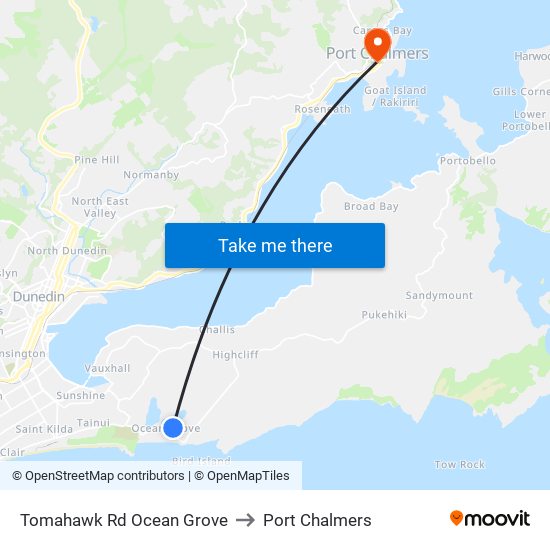 Tomahawk Rd Ocean Grove to Port Chalmers map