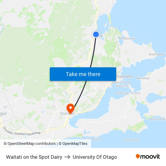 Waitati on the Spot Dairy to University Of Otago map