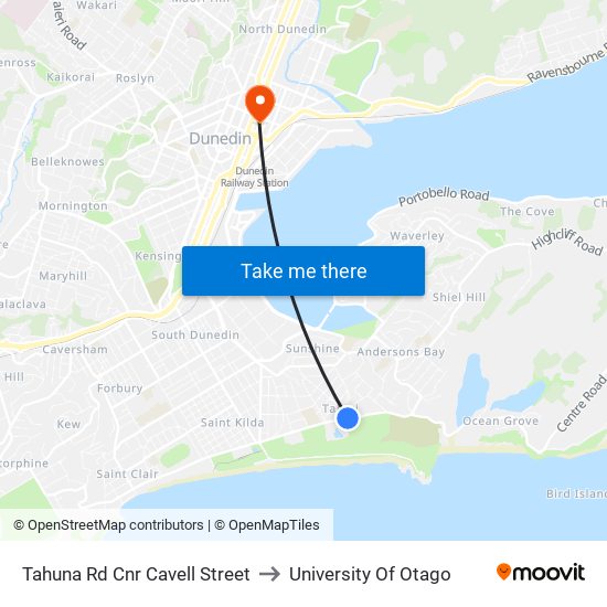 Tahuna Rd Cnr Cavell Street to University Of Otago map