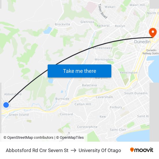 Abbotsford Rd Cnr Severn St to University Of Otago map