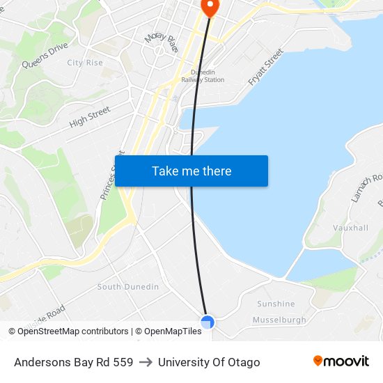 Andersons Bay Rd 559 to University Of Otago map