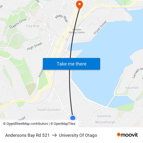 Andersons Bay Rd 521 to University Of Otago map