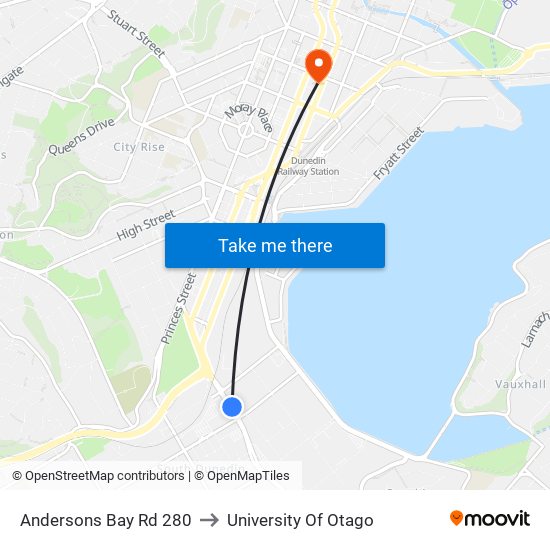 Andersons Bay Rd 280 to University Of Otago map