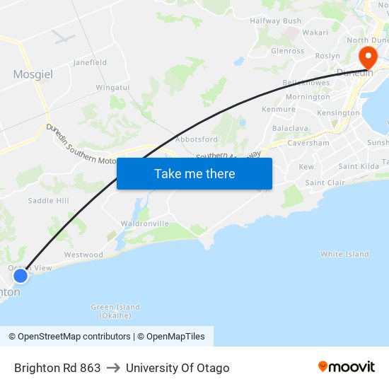 Brighton Rd 863 to University Of Otago map