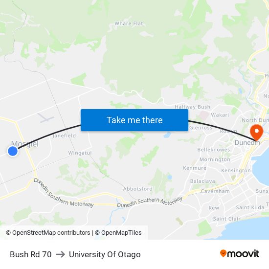 Bush Rd 70 to University Of Otago map