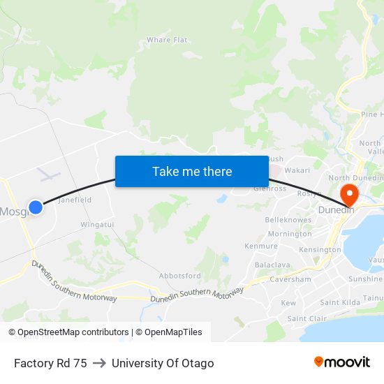 Factory Rd 75 to University Of Otago map