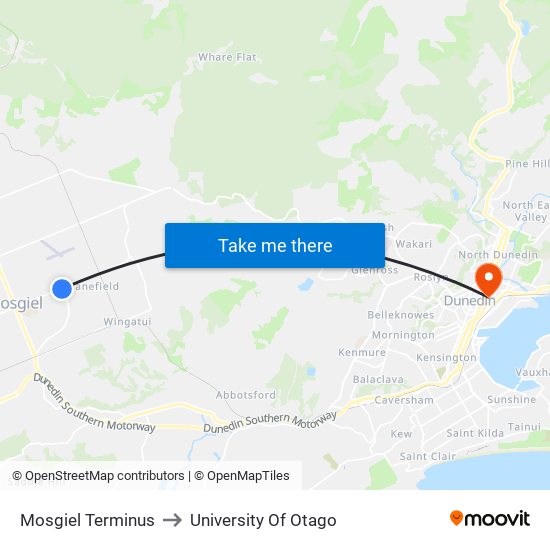 Mosgiel Terminus to University Of Otago map
