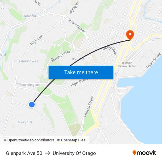 Glenpark Ave 50 to University Of Otago map