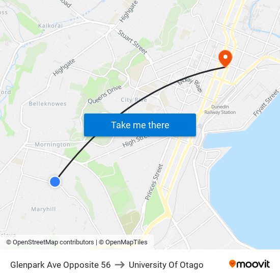 Glenpark Ave Opposite 56 to University Of Otago map
