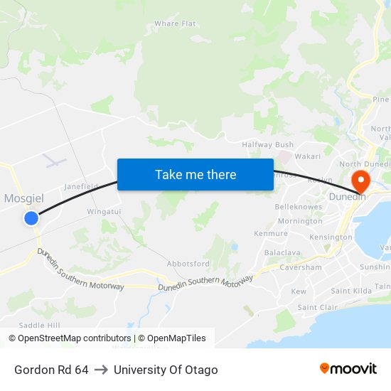 Gordon Rd 64 to University Of Otago map