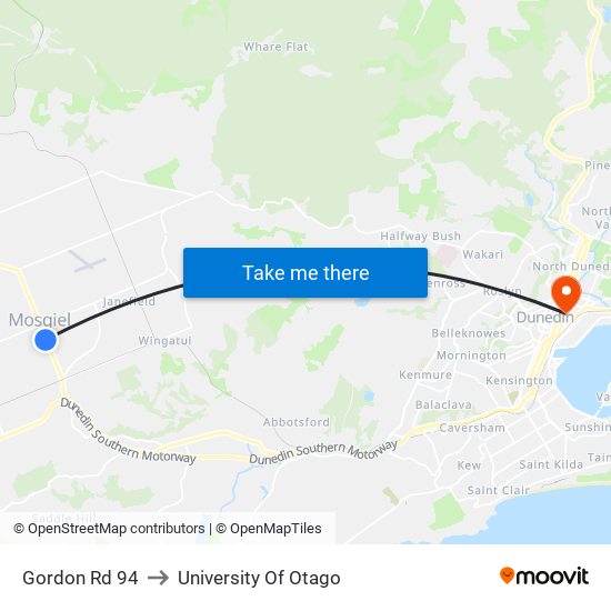 Gordon Rd 94 to University Of Otago map