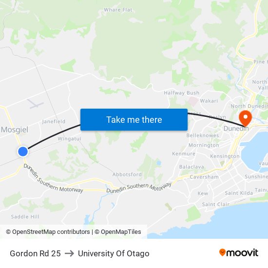 Gordon Rd 25 to University Of Otago map