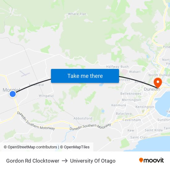 Gordon Rd Clocktower to University Of Otago map