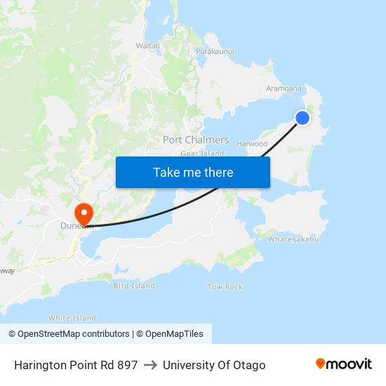Harington Point Rd 897 to University Of Otago map