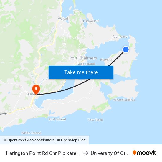 Harington Point Rd Cnr Pipikaretu Rd to University Of Otago map
