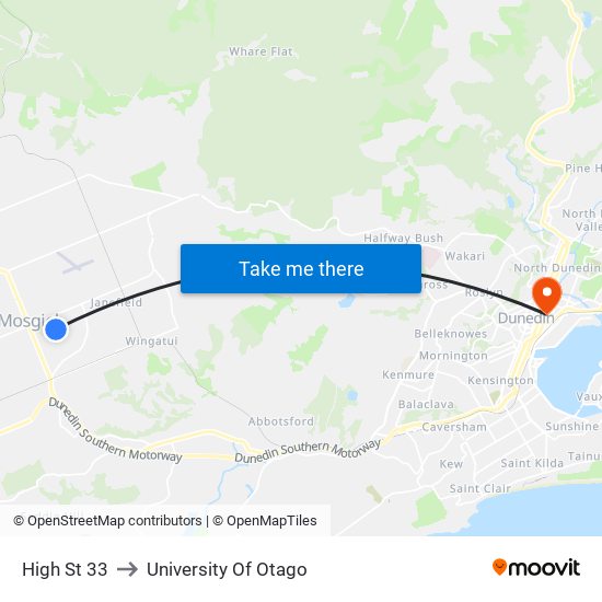 High St 33 to University Of Otago map