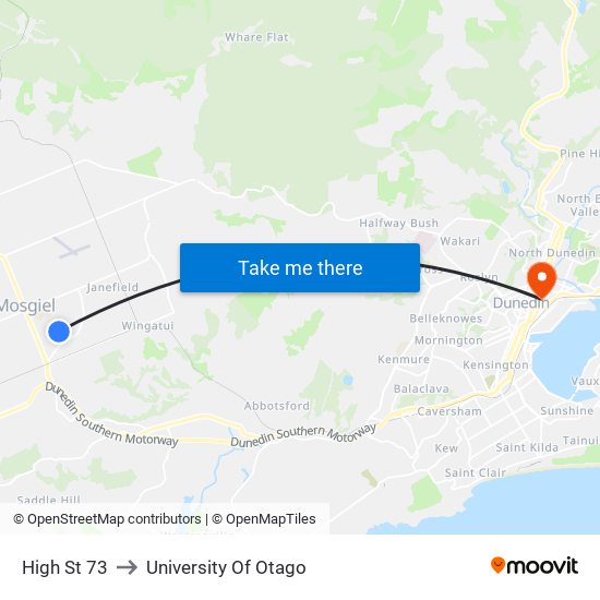 High St 73 to University Of Otago map
