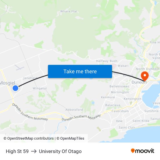 High St 59 to University Of Otago map